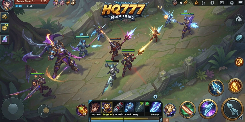 Gameplay HQ777 menampilkan pertarungan tim yang intens dan strategis.