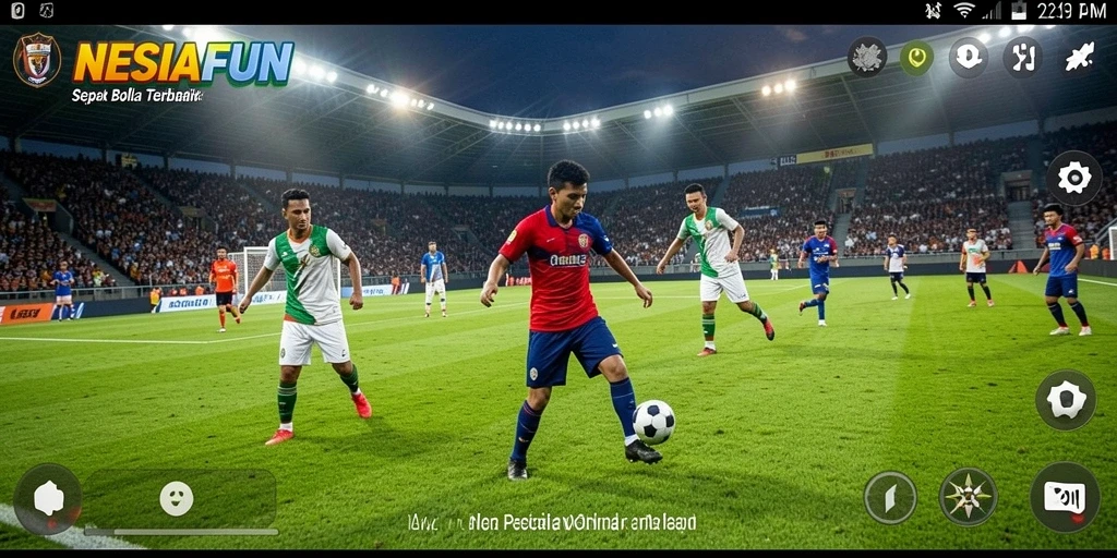 Screenshot utama NESIAFUN menunjukkan gameplay sepak bola yang menegangkan.