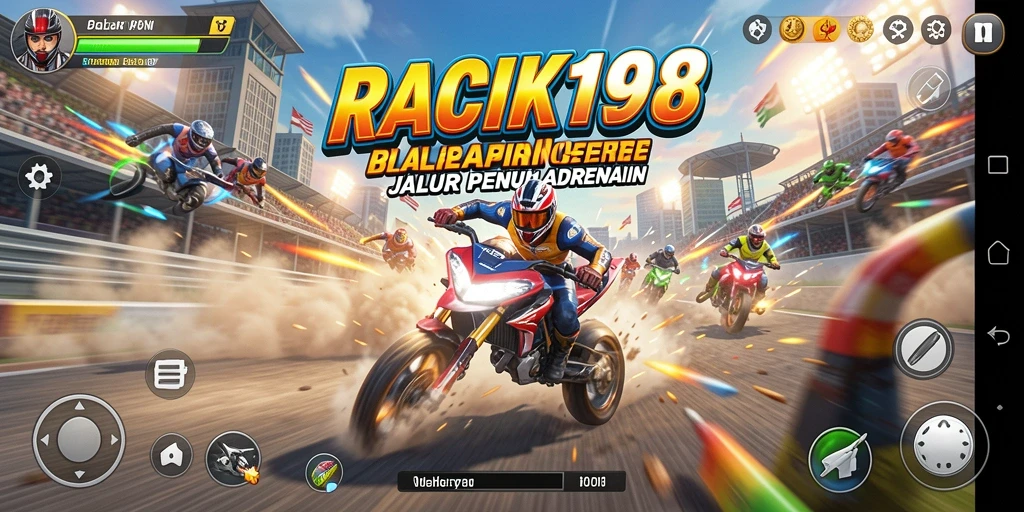 Screenshot gameplay RACIK198 menunjukkan mobil balap dalam aksi di trek.