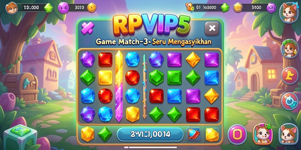 Tangkapan layar gameplay RPVIP5 yang penuh warna dan tantangan Match-3.