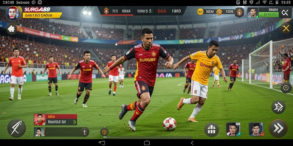 Tampilan gameplay SURGA88 menampilkan aksi seru di lapangan sepak bola.