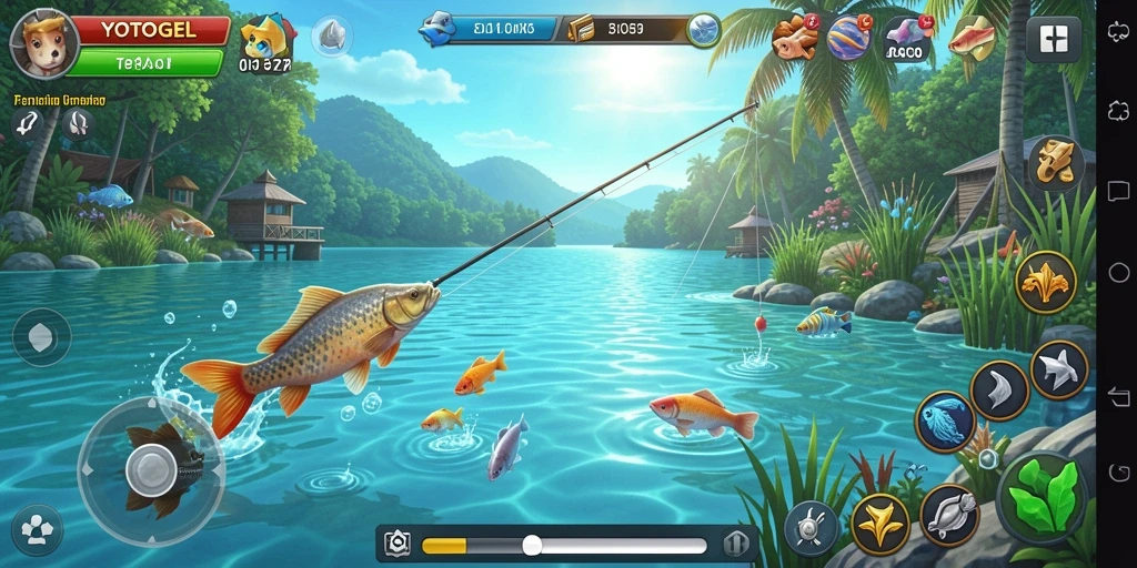 Tampilan gameplay YOTOGEL saat menangkap ikan di danau.